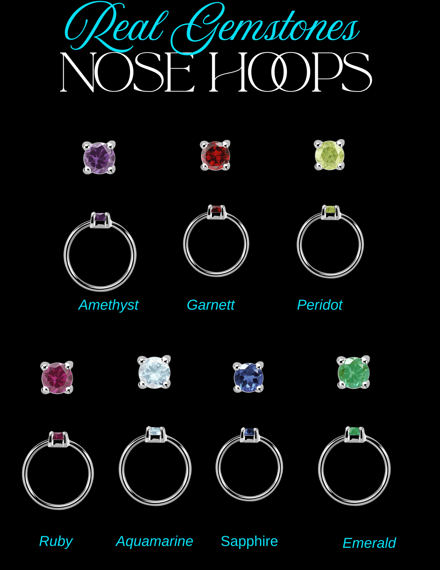 Genuine Gemstone set in 925 Sterling Silver Nose Hoop Ring Birthstone