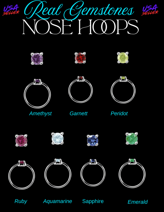 Genuine Gemstone set in 925 Sterling Silver Nose Hoop Ring Birthstone